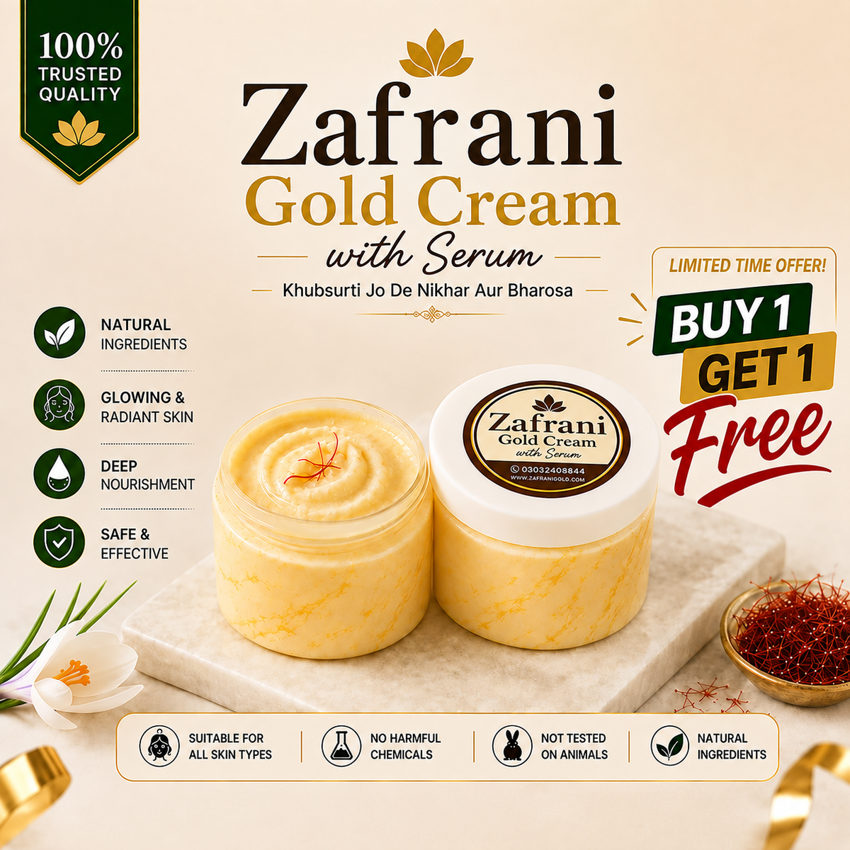 Zafrani Glow Gold Serum Cream| Buy 1 Get 1 FREE | 100% Organic