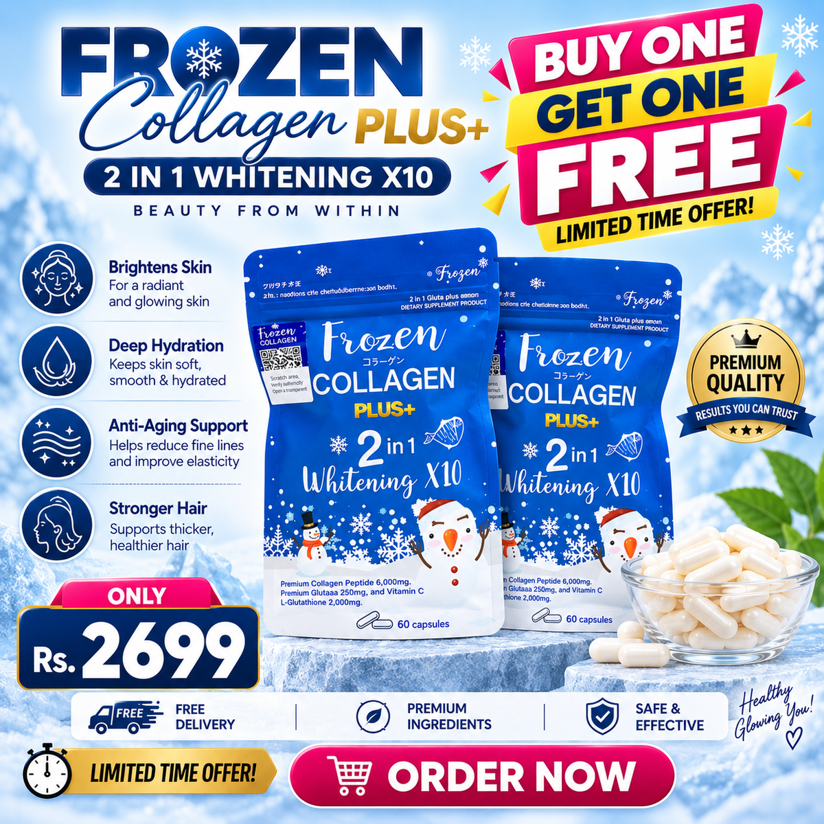 Frozen Collagen Plus+ 2 in 1 Whitening x10 (Caps) for Brightening and Tightening Your Skin BUY 1 GET 1 FREE